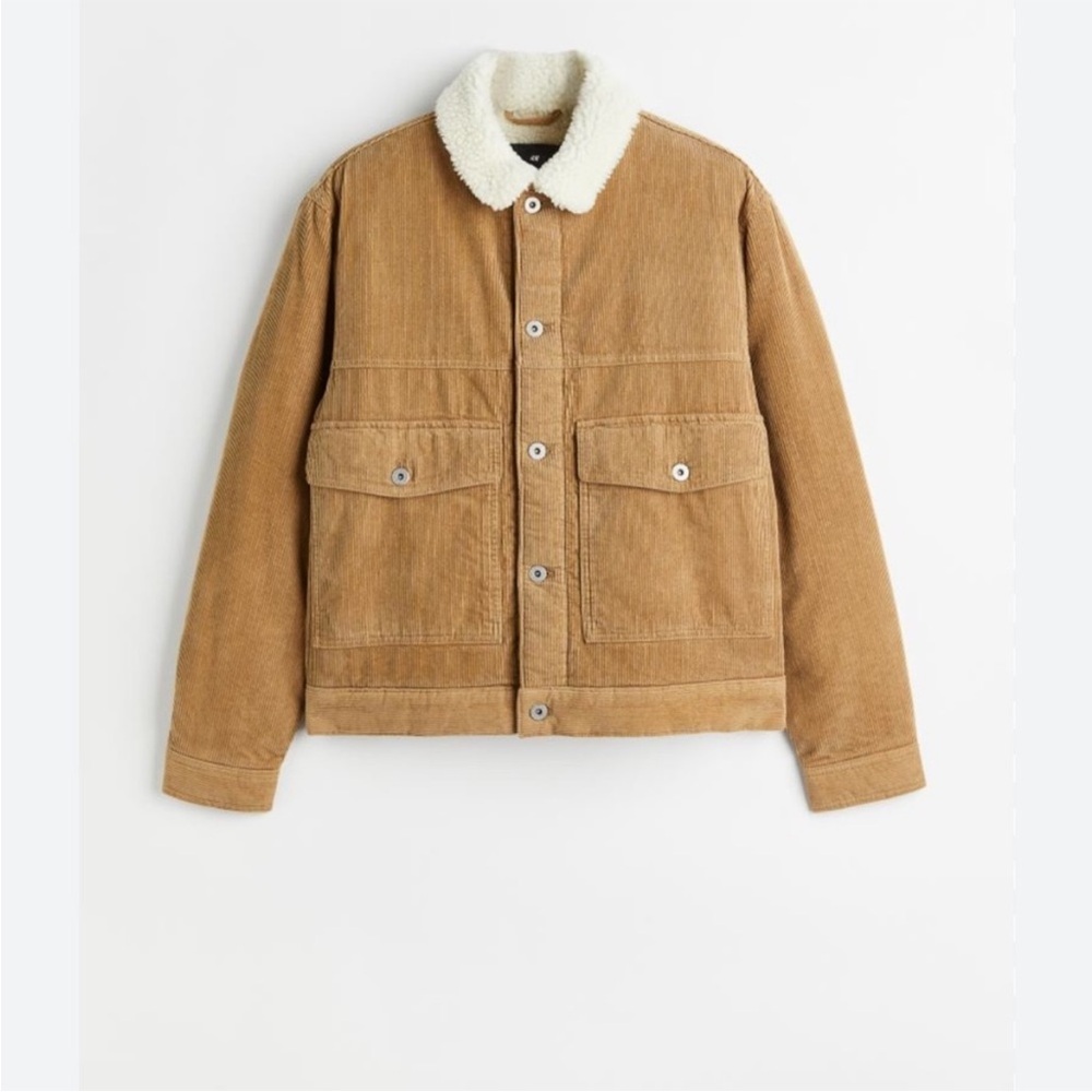H&M Men's Classic Brown Corduroy Sherpa-Lined Trucker Jacket Medium